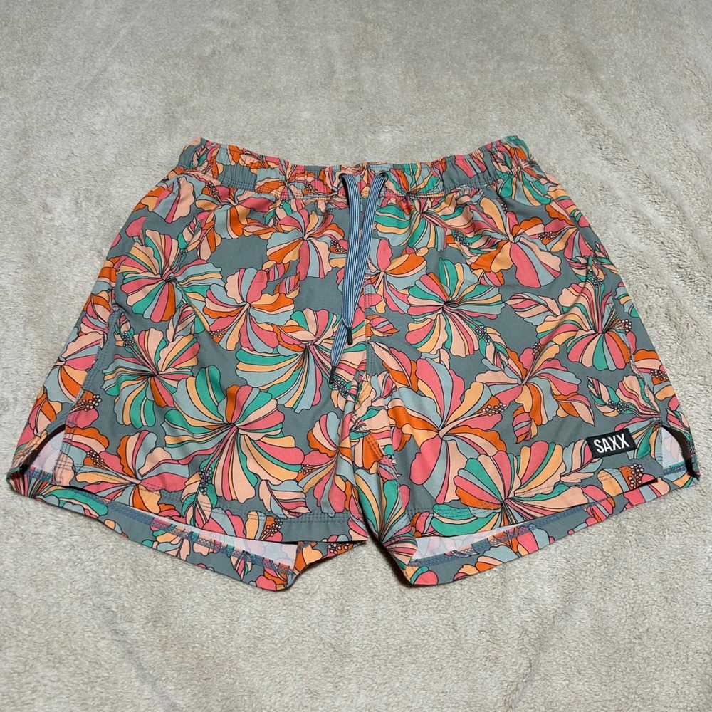 Saxx Oh Buoy 2N1 Swim Shorts Mens M 5" Gray Floral Tropical BallPark Pouch